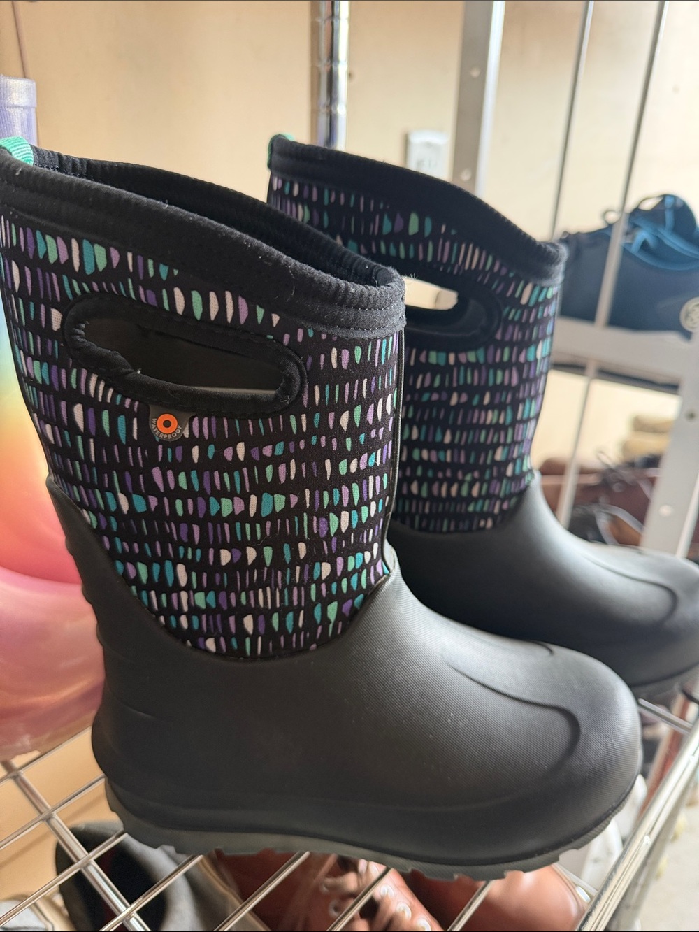 Bogs Black Kids Rain Boots with Teal & Purple Accent Pattern